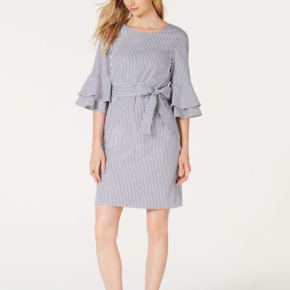 Pappagallo's striped dress is full of charm with its tiered ruffle bell-sleeves